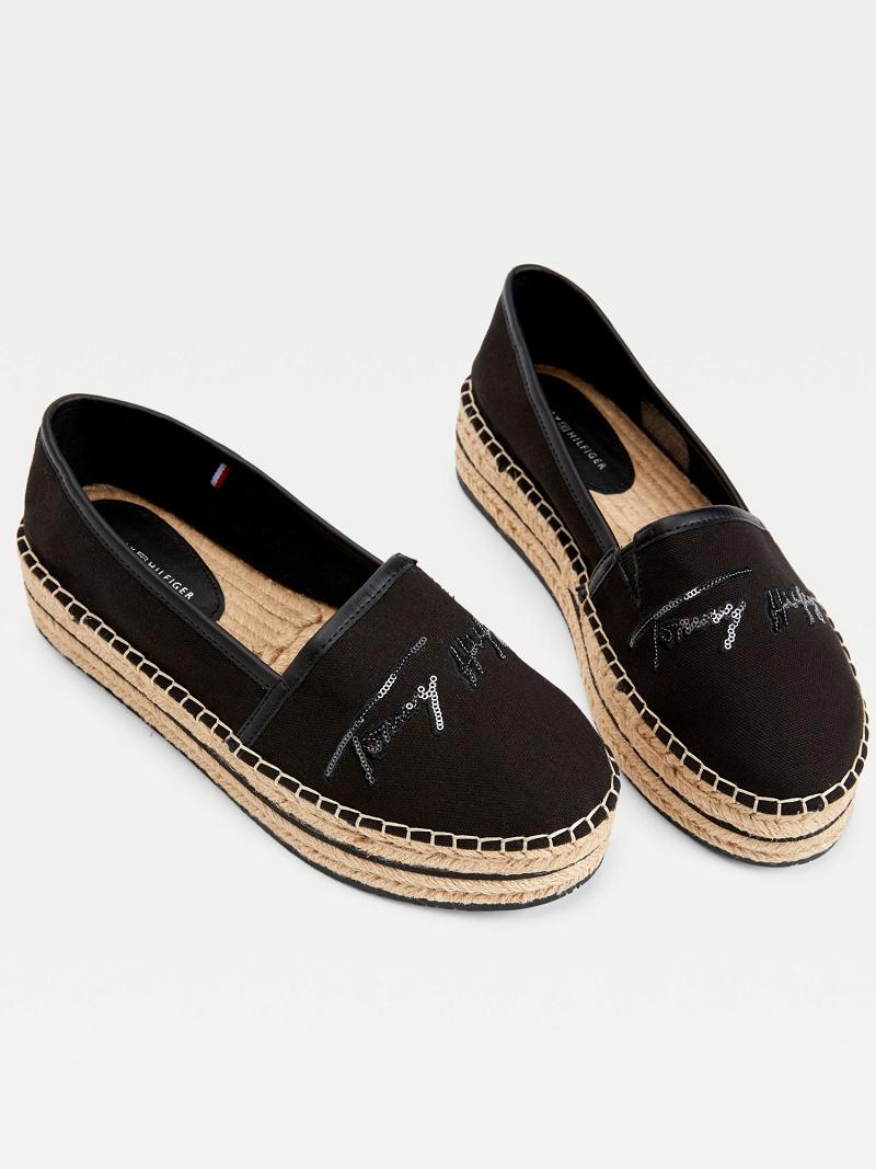 Női Tommy Hilfiger Sequin Signature Espadrille Alkalmi Cipő Fekete | HU 596GSO